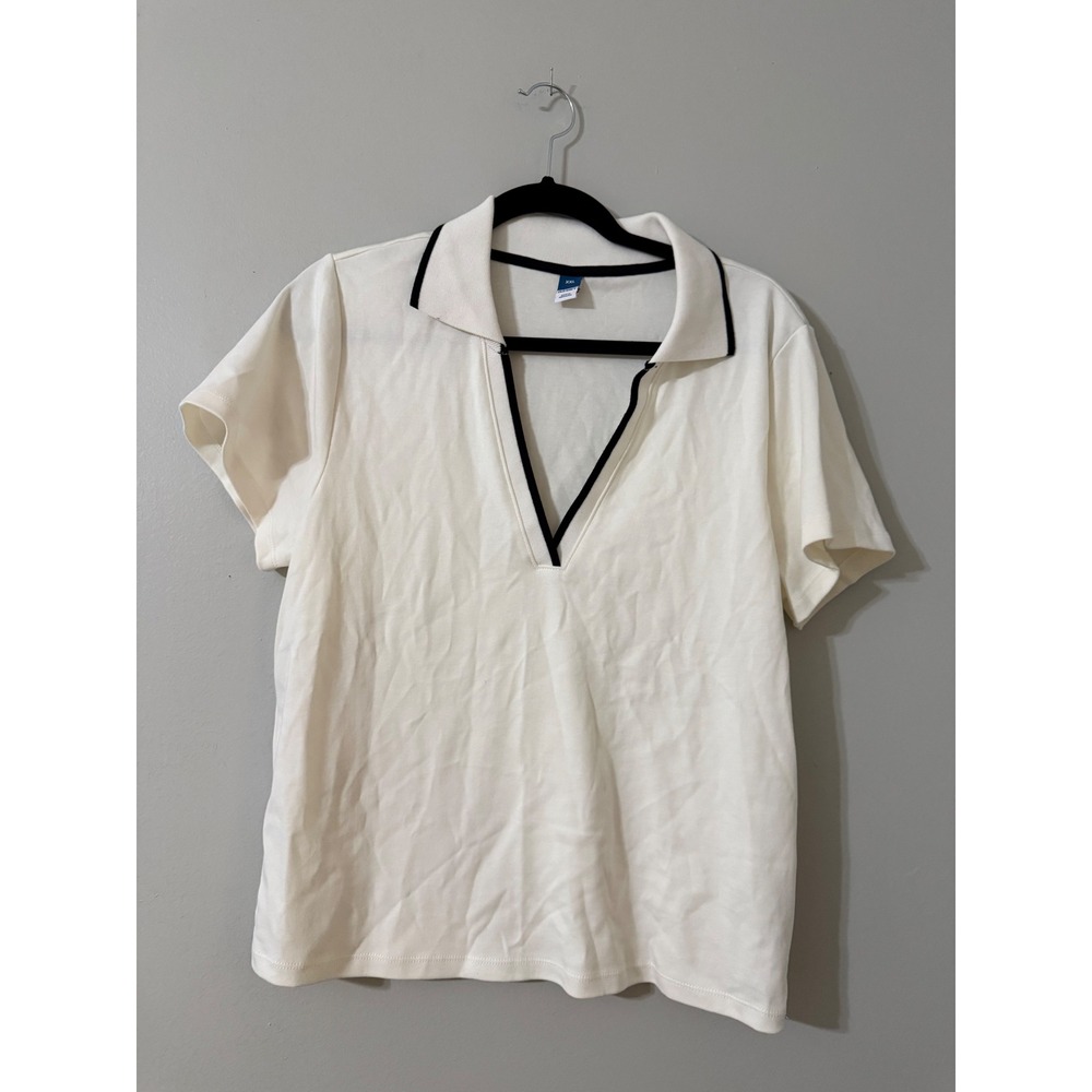 Old Navy Womens XXL White Black Trim V-Neck Short Sleeve Polo Shirt 748083-02-1